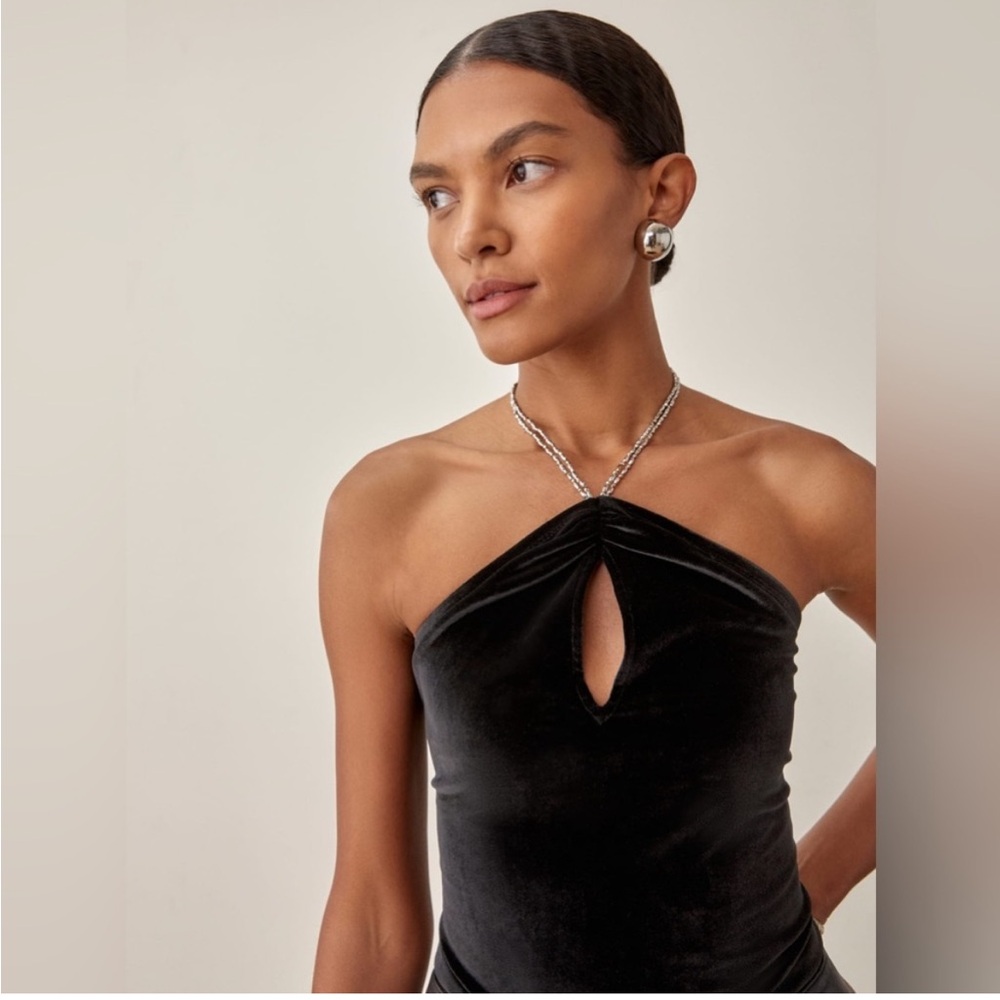 EUC Reformation Cedric Black Velvet Stretch Halter Top with Beaded Embellished